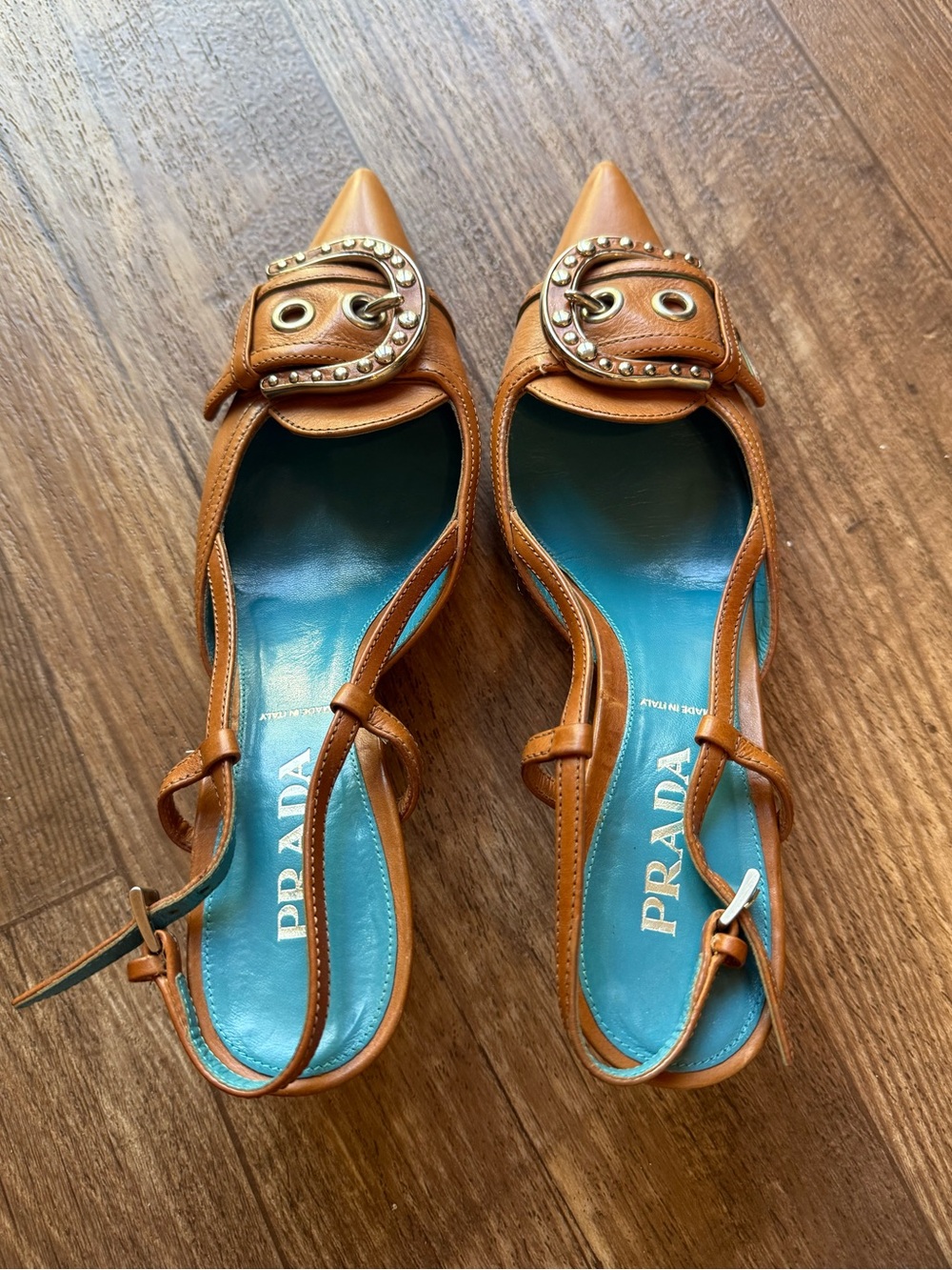 Prada Brown Leather Slingback Pumps Silver Buckle Pointed Toe Heels EU 35 US 5 - Picture 2 of 5